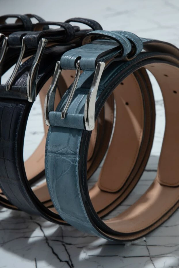 Cesare di Napoli ремень фактурный из кожи крокодила голубой цвета морской волны мужской 162500 - фото 2