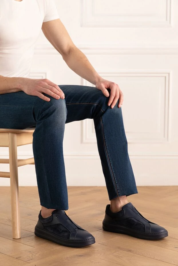 Blue leather sneakers with suede inserts - photo 2