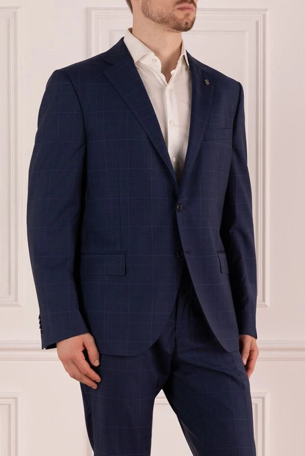 Lubiam men’s blue wool suit in contrast check with branded boutonnière pin 162753 - photo 3