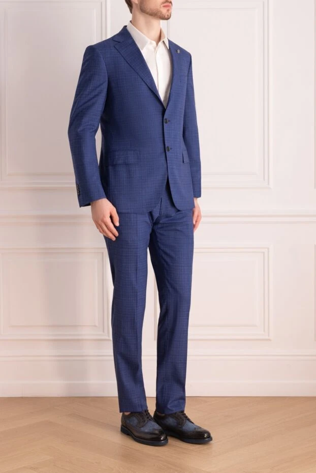 Lubiam checked wool blue suit with branded pin boutonniere men's 162762 - photo 3