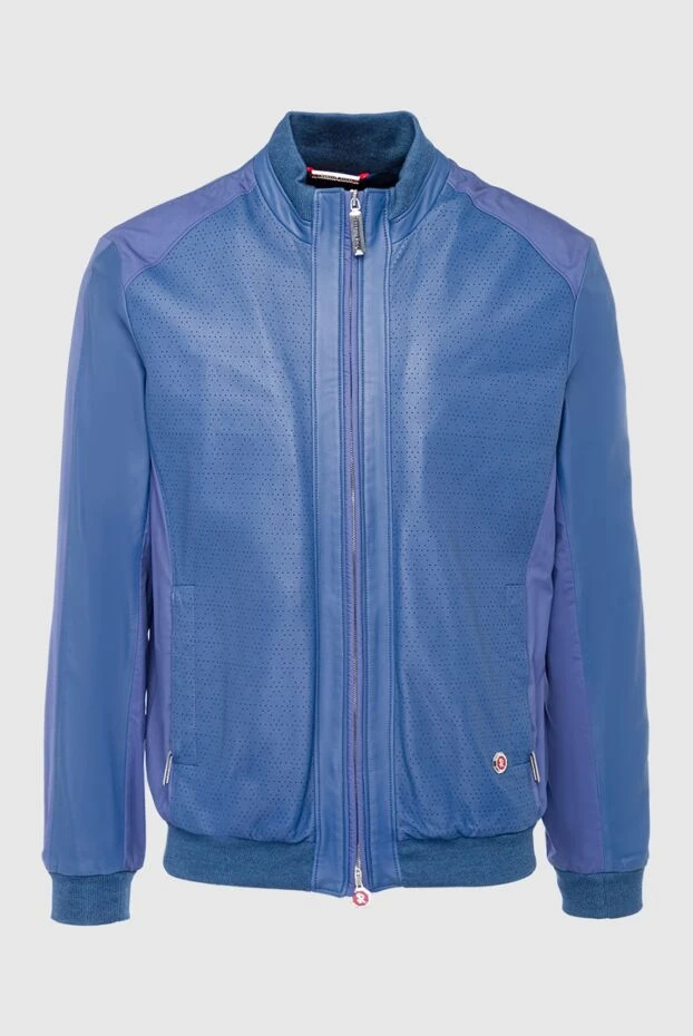 Bomber jacket made of genuine leather and silk, blue with perforations - photo 1