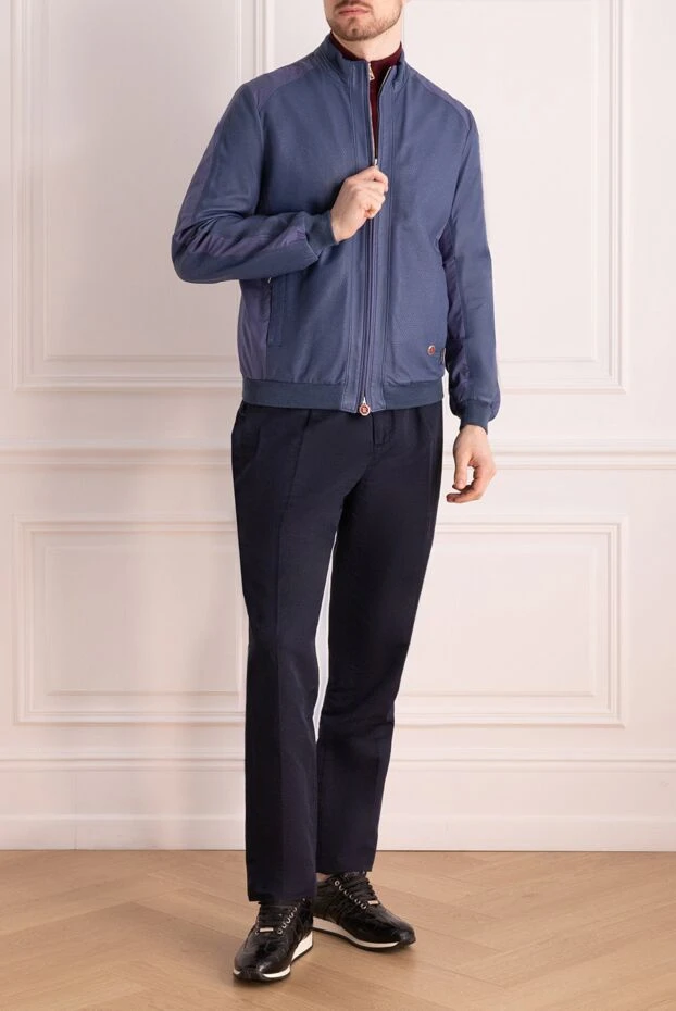 Bomber jacket made of genuine leather and silk, blue with perforations - photo 2