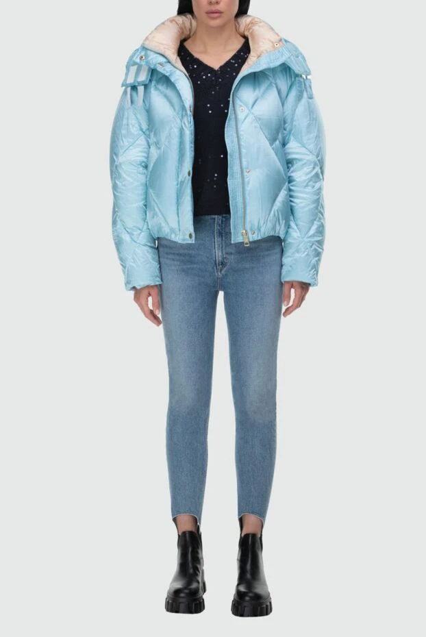 Blue nylon women's down jacket with a hood - photo 2