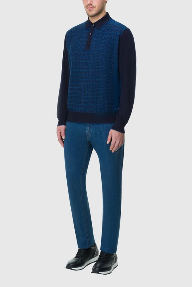Темно синего цвета поло из плотного трикотажа с жаккардовым орнаментом - фото 2