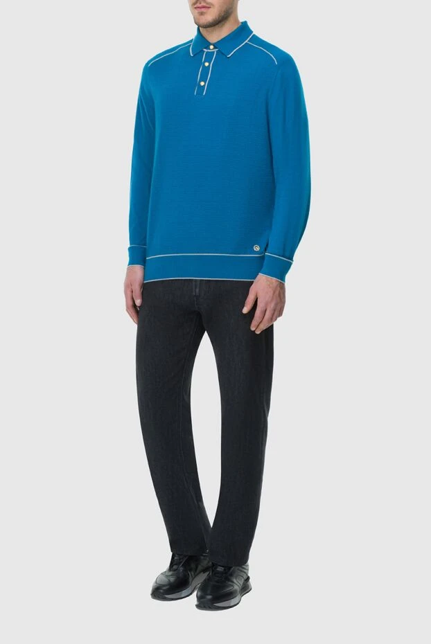 Поло с длинным рукавом из шелка и кашемира голубое мужское с длинным рукавом - фото 2