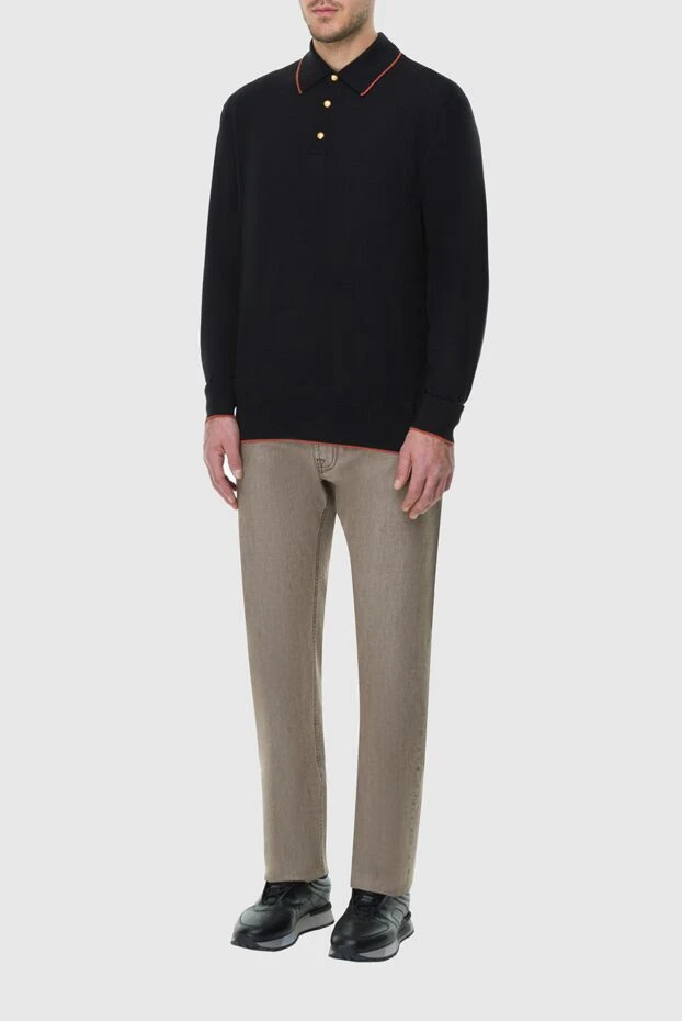 Men's black long sleeve polo shirt with contrast trim - photo 2