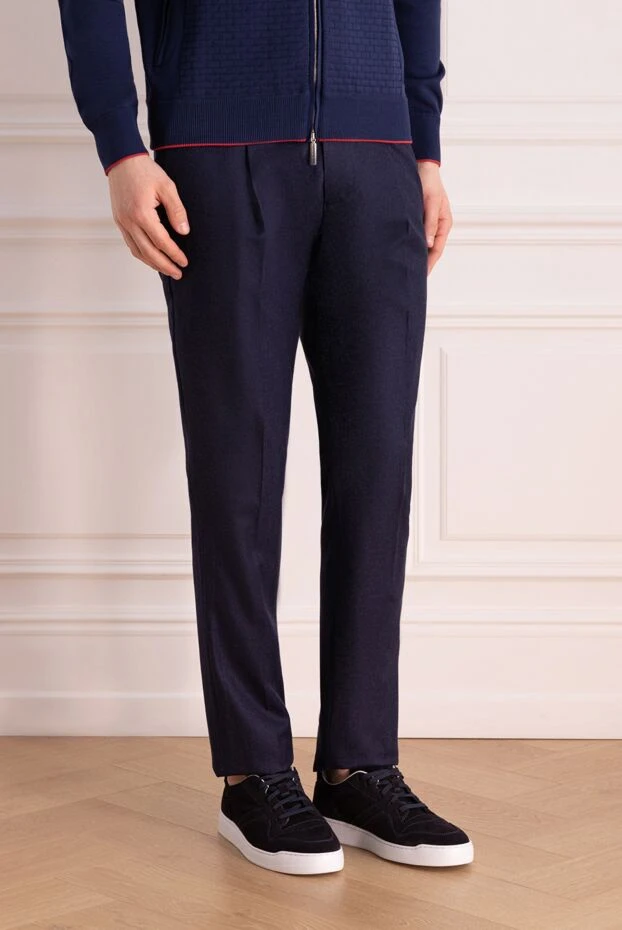 Brunello Cucinelli брюки синего цвета из шерсти с поясом на кулиске 164301 - фото 3