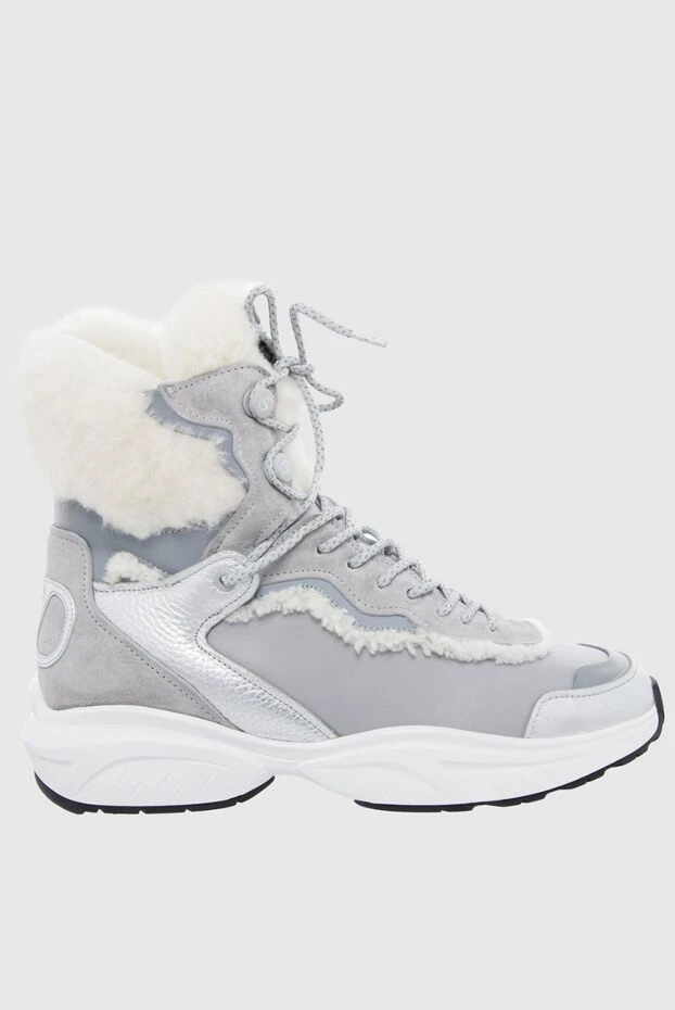 Women's gray sneakers-boots made of leather and fur - photo 1