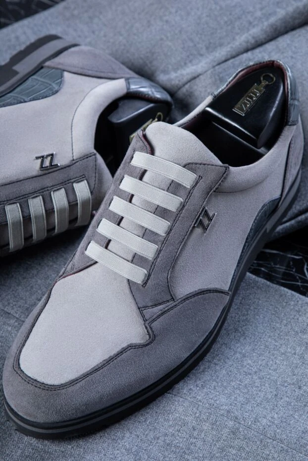 Zilli сникеры из нубука и кожи крокодила серые мужские 164680 - фото 2