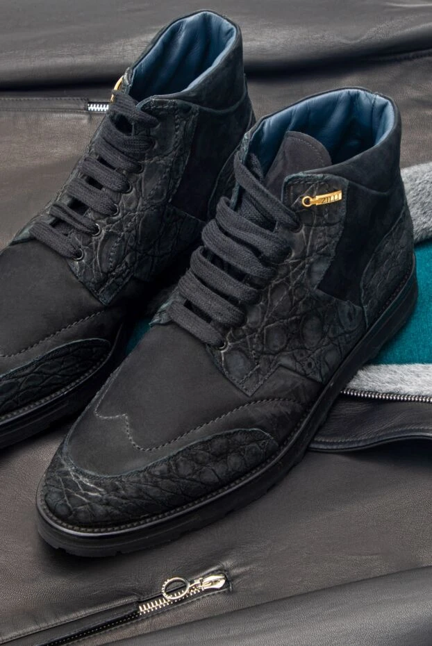 Мужские ботинки из нубука и кожи крокодила черные - фото 2