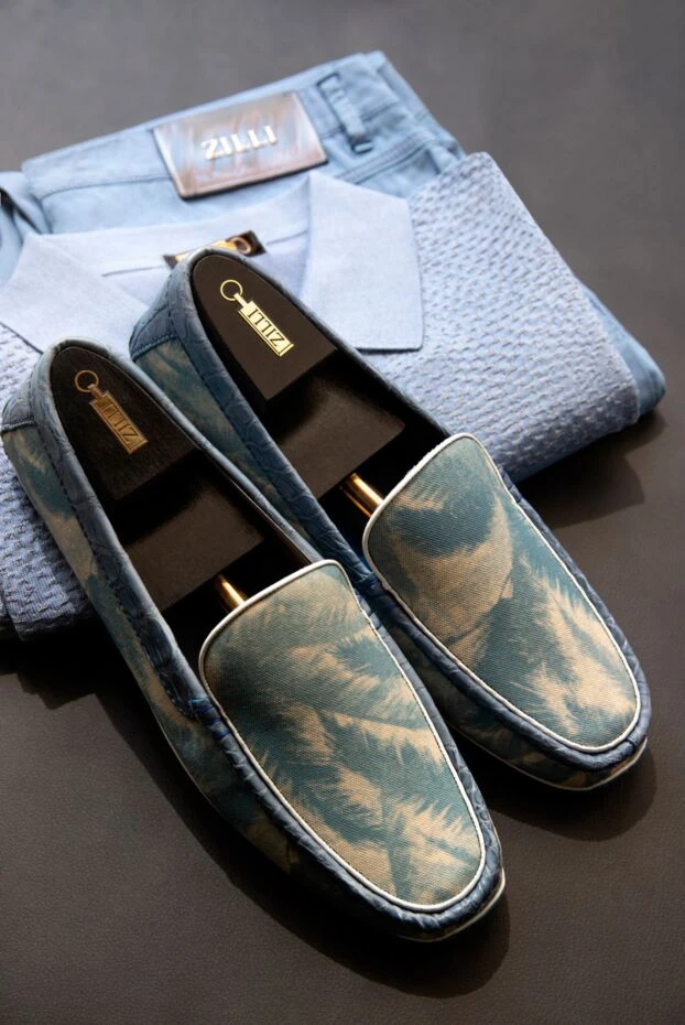 Zilli мокасины голубые узорчатые кожаные с вставками кожи крокодила мужские 164712 - фото 2