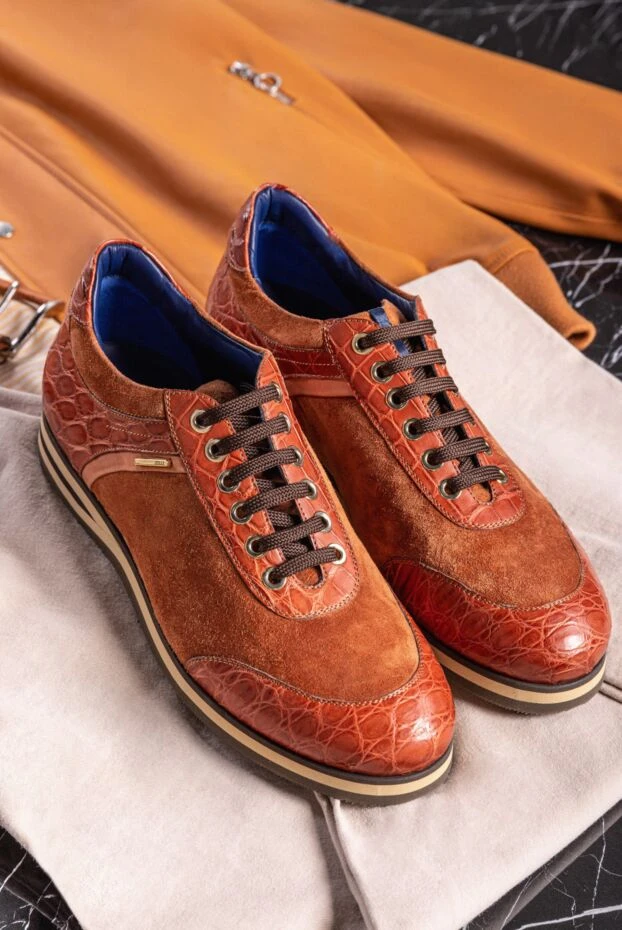 Orange crocodile leather and suede sneakers. men's - photo 2
