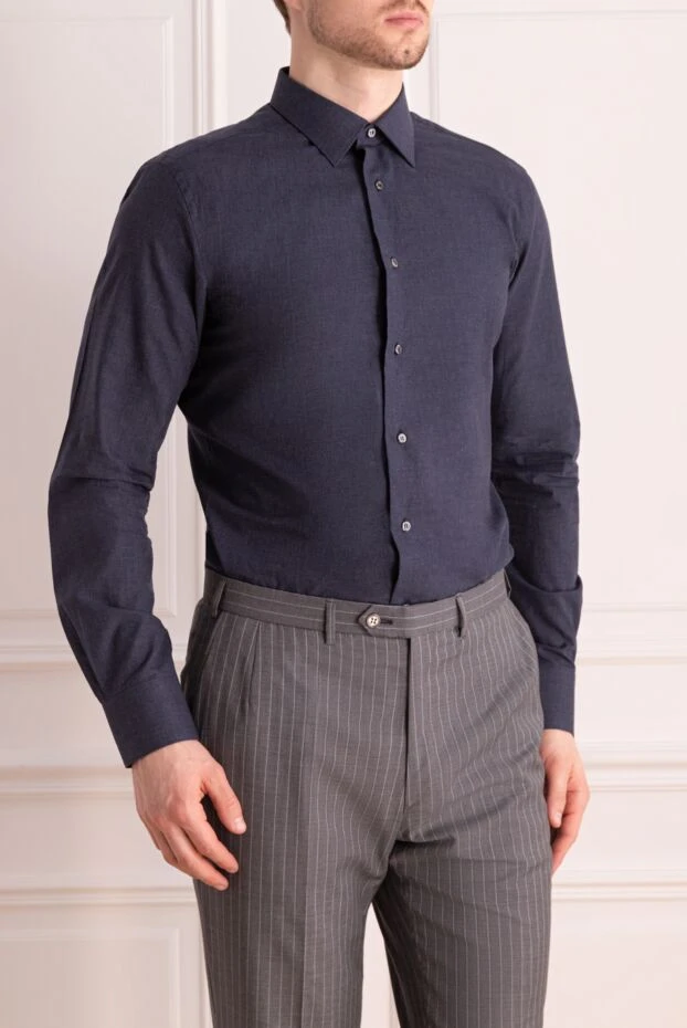 Brioni рубашка мужская тёмно-синяя элегантная хлопковая для вечернего выхода 164755 - фото 3
