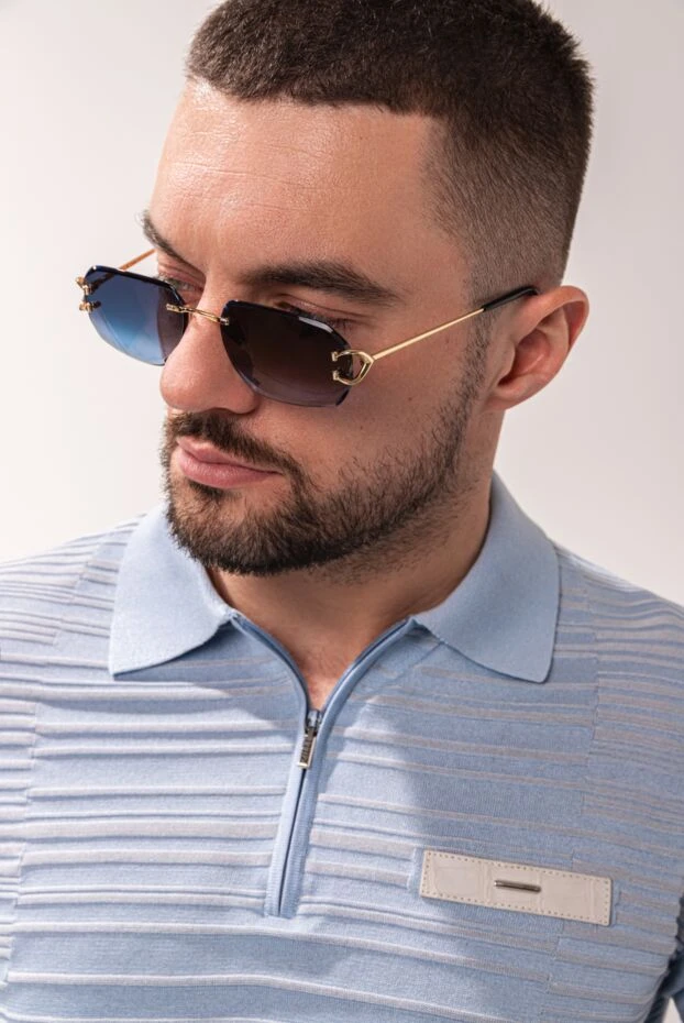 Голубое поло с фактурной вязкой молнией и вставками из кожи крокодила - фото 2