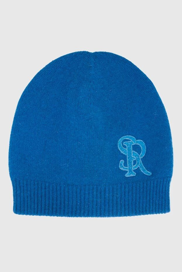Шапка из кашемира синего цвета с логотипом из натуральной кожи крокодила - фото 1