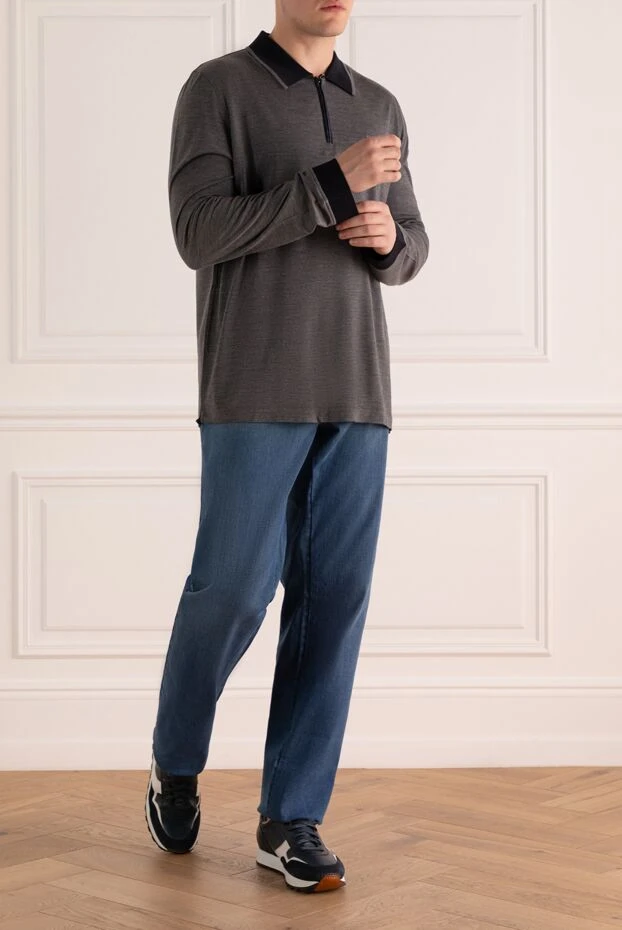 Мужское серое поло с длинным рукавом из шерсти с вставкой кожи крокодила - фото 2