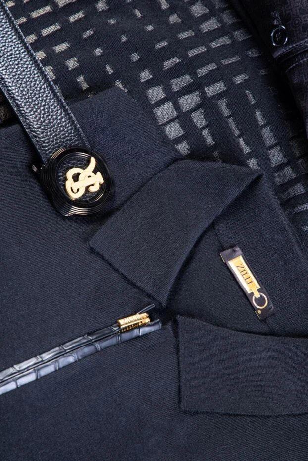 Men's long sleeve black polo shirt with crocodile leather inserts and zipper - photo 2