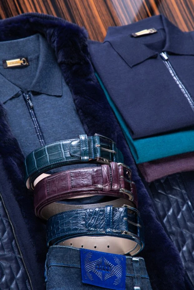 Zilli поло с длинным рукавом синее тонкое с вставками из кожи крокодила на молнии мужское 165750 - фото 2