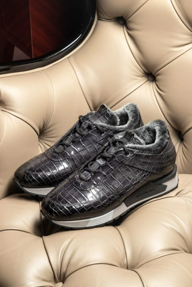 Santoni кроссовки из кожи крокодила с меховой подкладкой в графитовом тоне
 165976 - фото 3