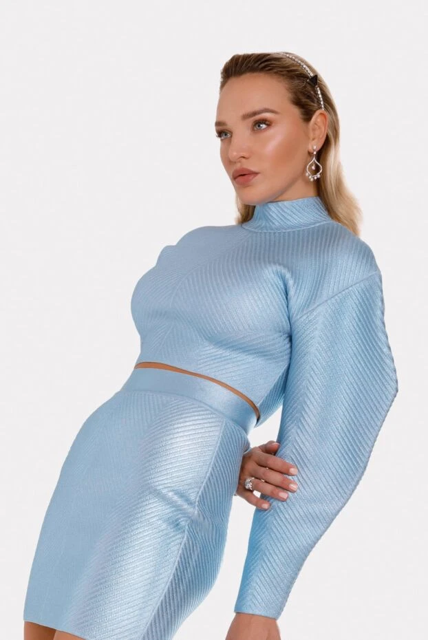 Herve Leger үстіңгі үсті және геометриялық текстурасы бар шағын юбкасымен көк көк жиынтық 166178 - фото 2