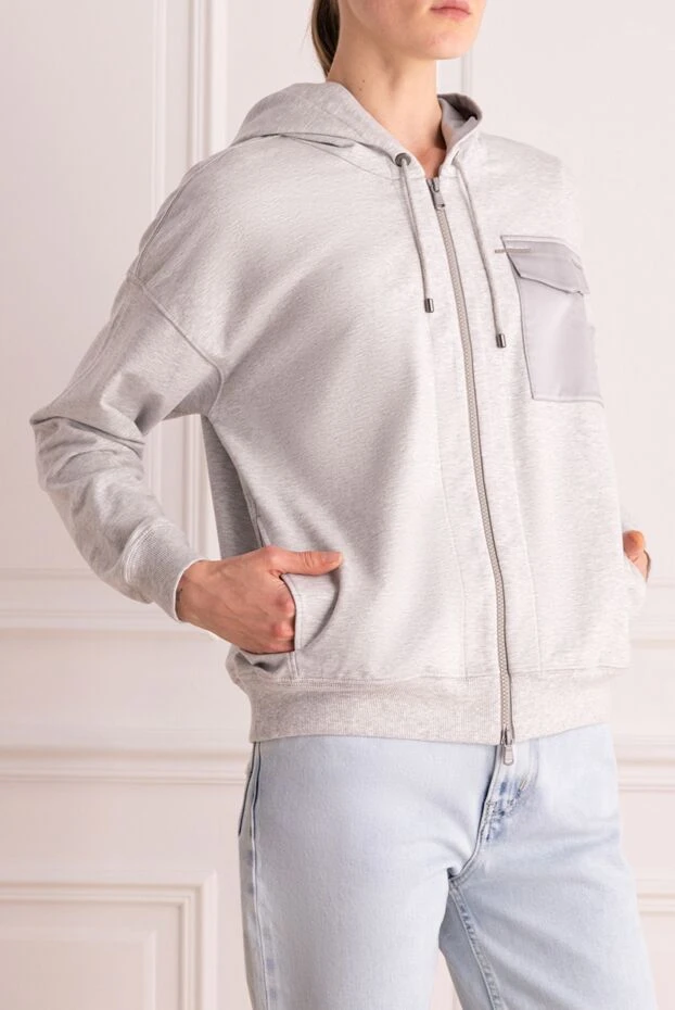 Brunello Cucinelli светло-серый кардиган из хлопка на молнии с капюшоном
 166314 - фото 3