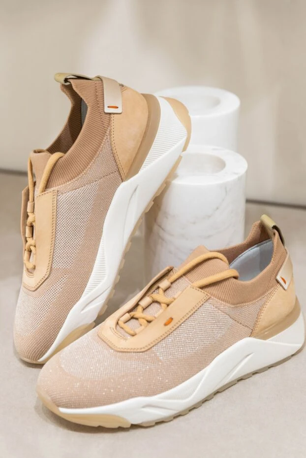 Santoni кроссовки женские с блестящей поверхностью и контрастной подошвой бежевые 166679 - фото 2