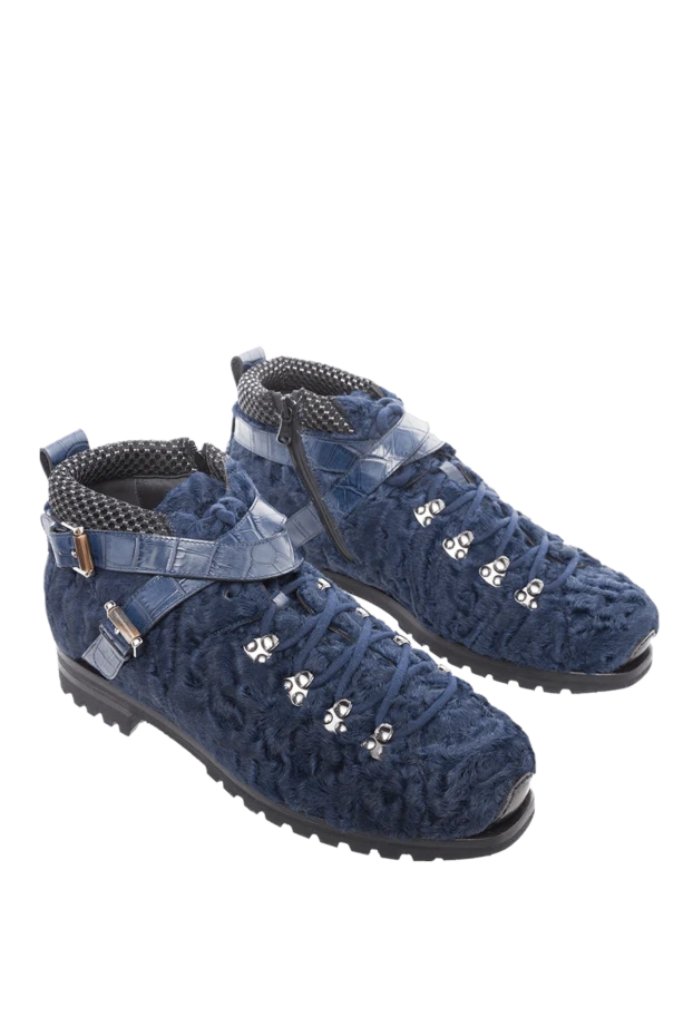 Santoni мужские ботинки из кожи крокодила и каракульчи синие 166721 - фото 3