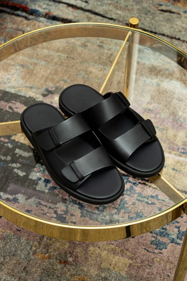 Ерлерге арналған қос ілгекті қара былғары шлепанцылар - фото 2