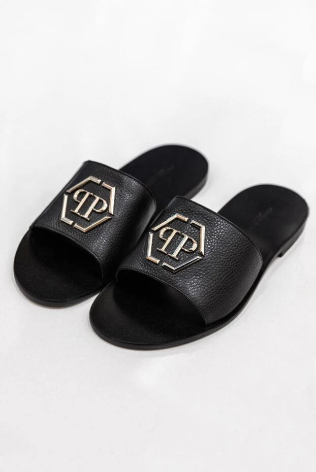 Black genuine leather slippers with voluminous monogram fittings - photo 2