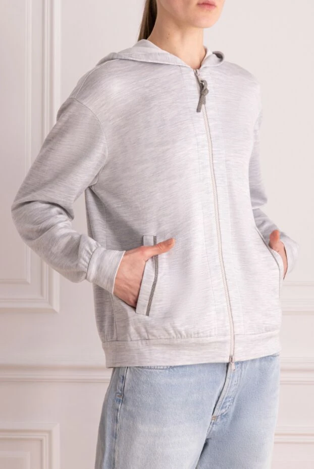 Brunello Cucinelli кардиган серый женский на молнии из хлопка и шелка 166931 - фото 3