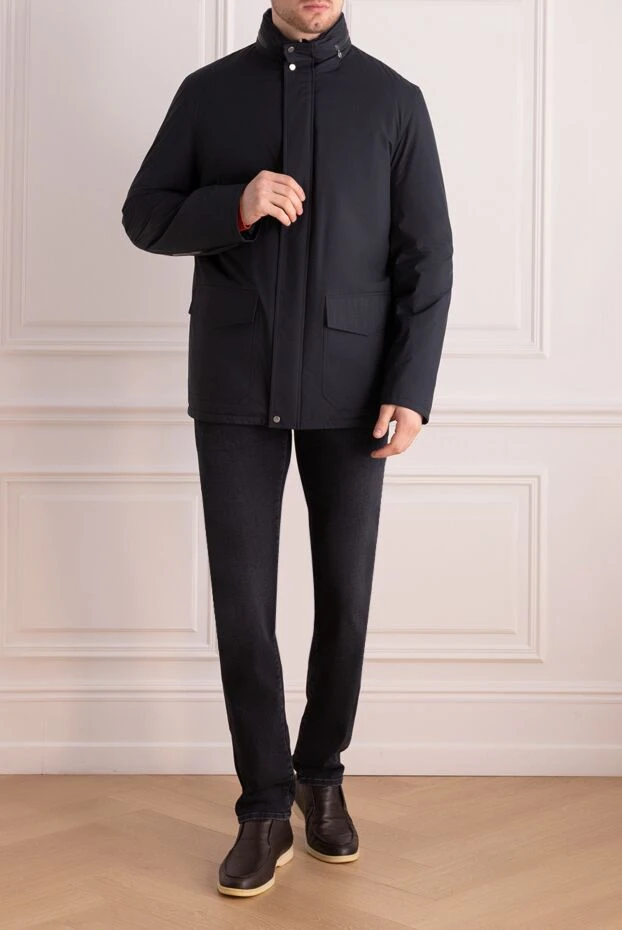 Куртка удлиненная синяя утепленная мехом с кожаными вставками мужская - фото 2