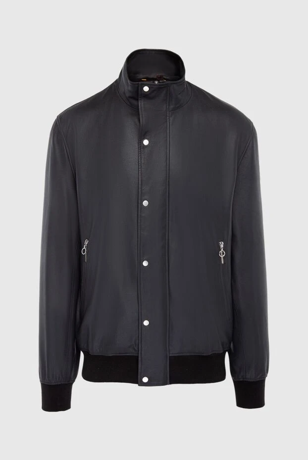 Куртка кожаная черная с высоким воротником и скрытой молнией мужская - фото 1