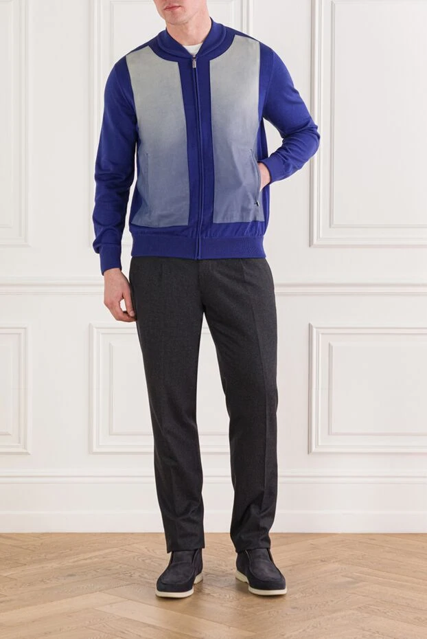 Men’s blue cardigan with leather inserts - photo 2