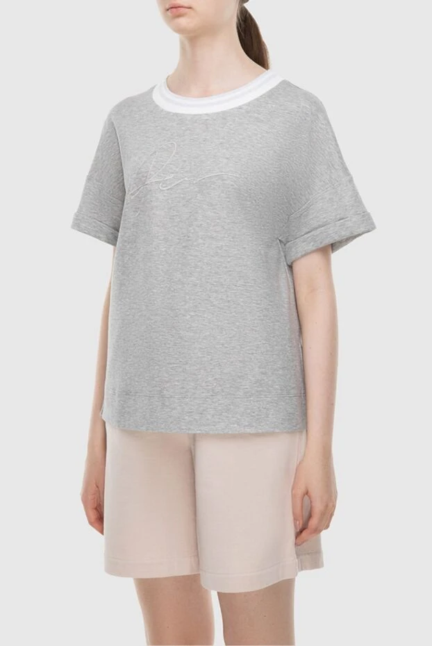 Peserico жақасында контрастты жолағы бар сұр, еркін үлгідегі әйелдер футболкасы 167879 - фото 3