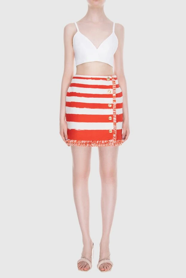 Кең қызыл және ақ жолақтары және алтын түймелері бар мақта шағын юбка - фото 2