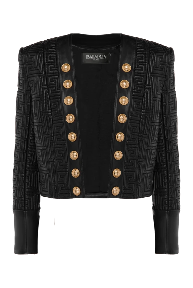 Жакет чёрный с фактурным узором и золотыми пуговицами из кожи - фото 1