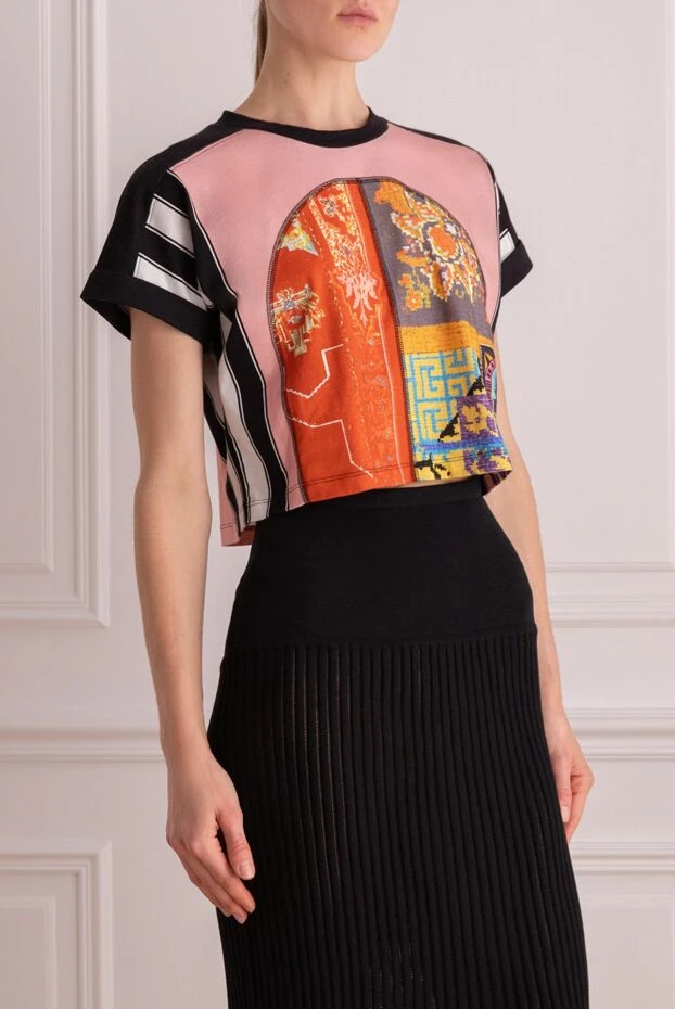 Balmain әйелдерге арналған мақтадан жасалған қызғылт футболка біріктірілген принтпен 168360 - фото 3