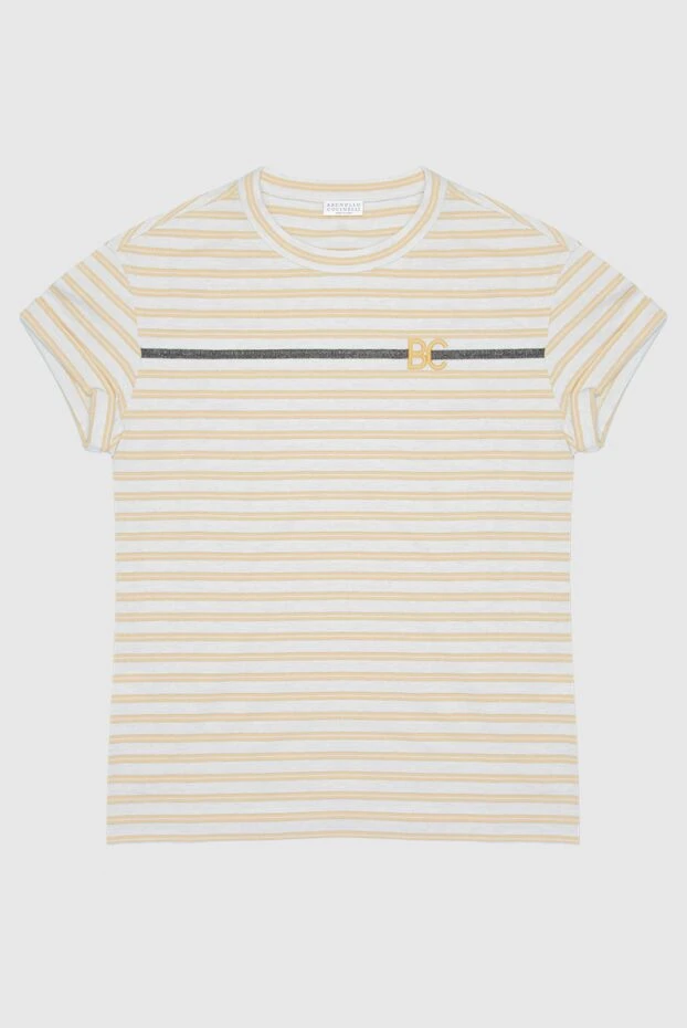 Бежевый және ақ жолақты сәндік лентасы бар футболка - фото 1