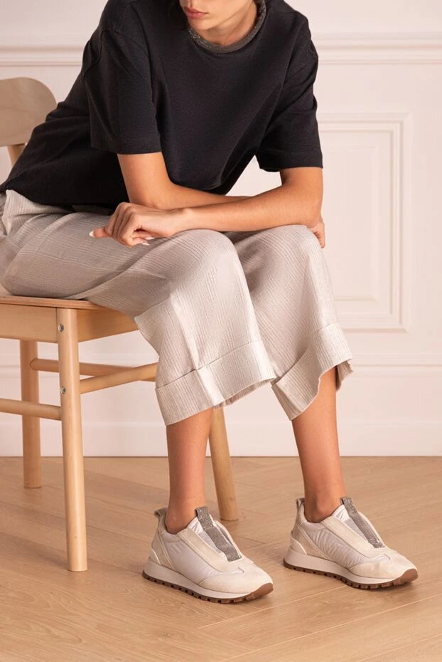 Brunello Cucinelli women's sneakers with silver inserts in white 168848 - photo 3