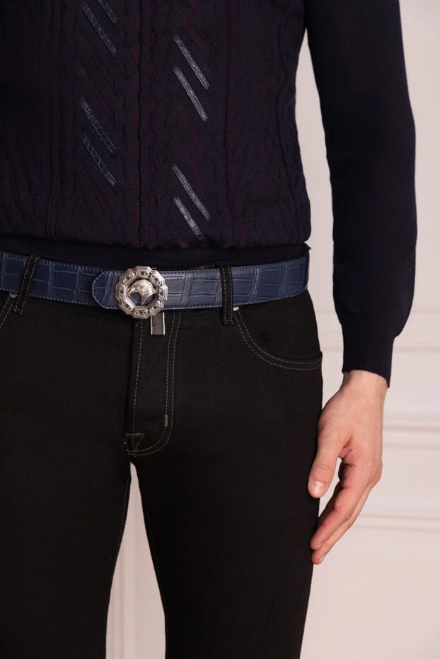 Синий ремень из кожи крокодила с пряжкой в виде головы орла - фото 2