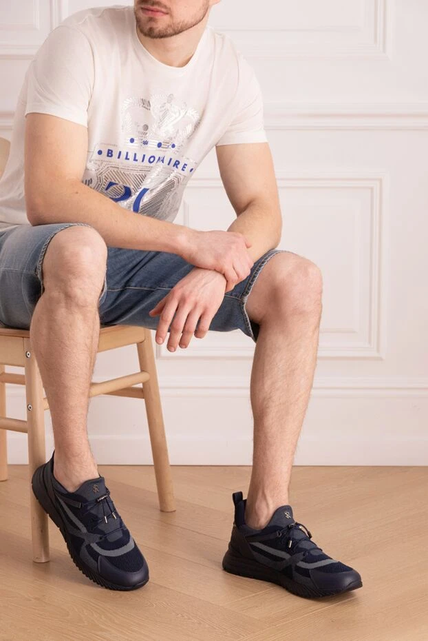 Stefano Ricci кроссовки из текстиля и кожи синие мужские 170091 - фото 3