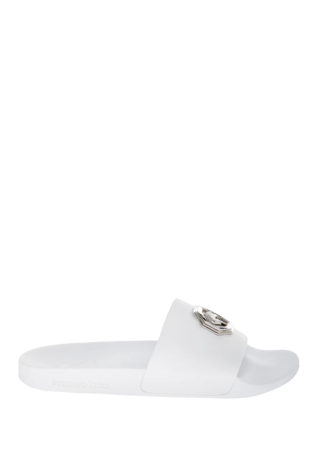 Шлепанцы из кожи белого цвета с металлической эмблемой - фото 1