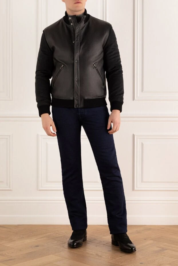 Black calf leather and cashmere jacket for men - photo 2