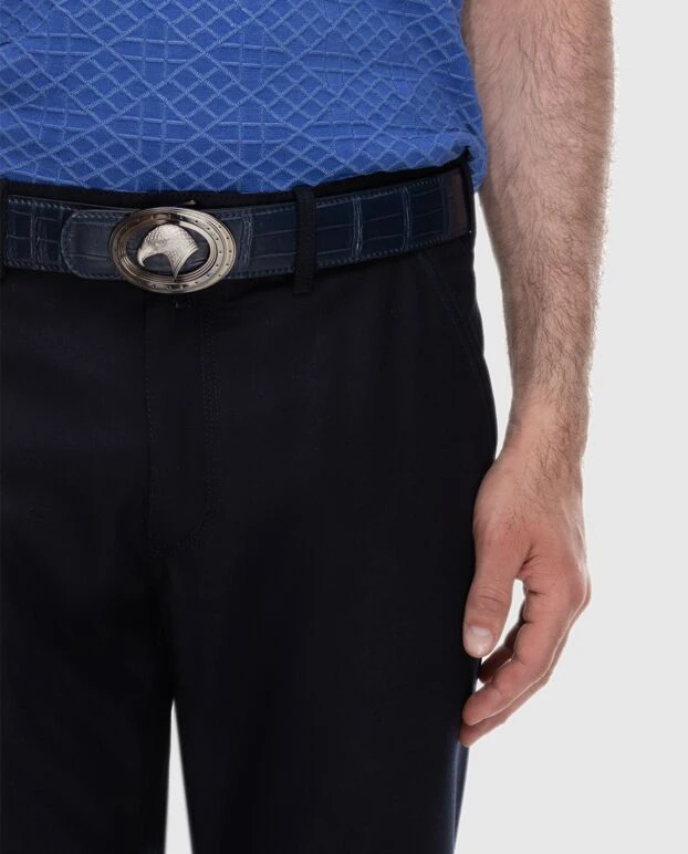 Stefano Ricci мужской ремень из натуральной кожи крокодила синего цвета с пряжкой eagle 170504 - фото 3