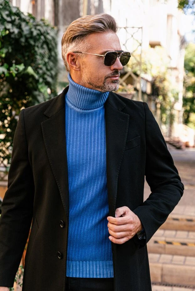 Гольф синий шерстяной с рельефной вязкой мужской - фото 2