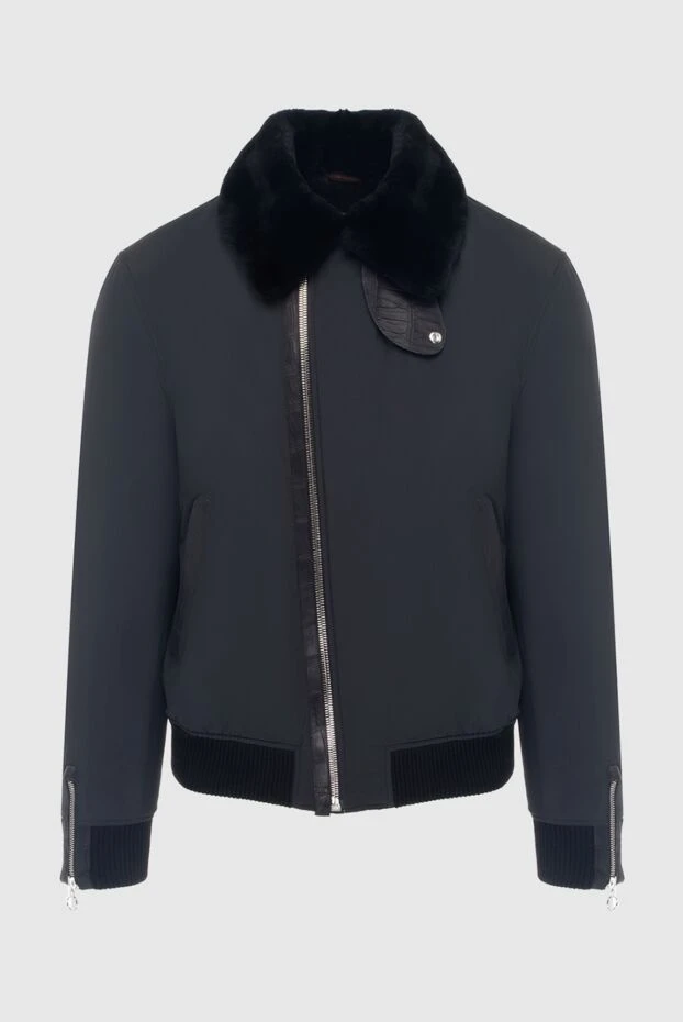 Men's blue aviator jacket with a fur collar and crocodile leather inserts - photo 1