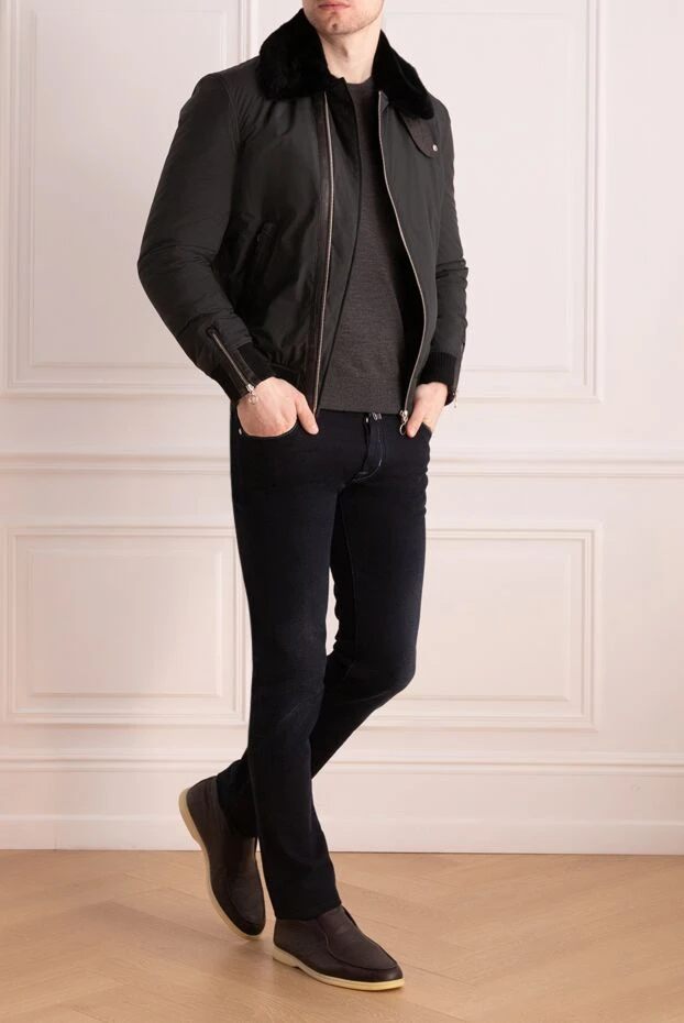 Men's blue aviator jacket with a fur collar and crocodile leather inserts - photo 2