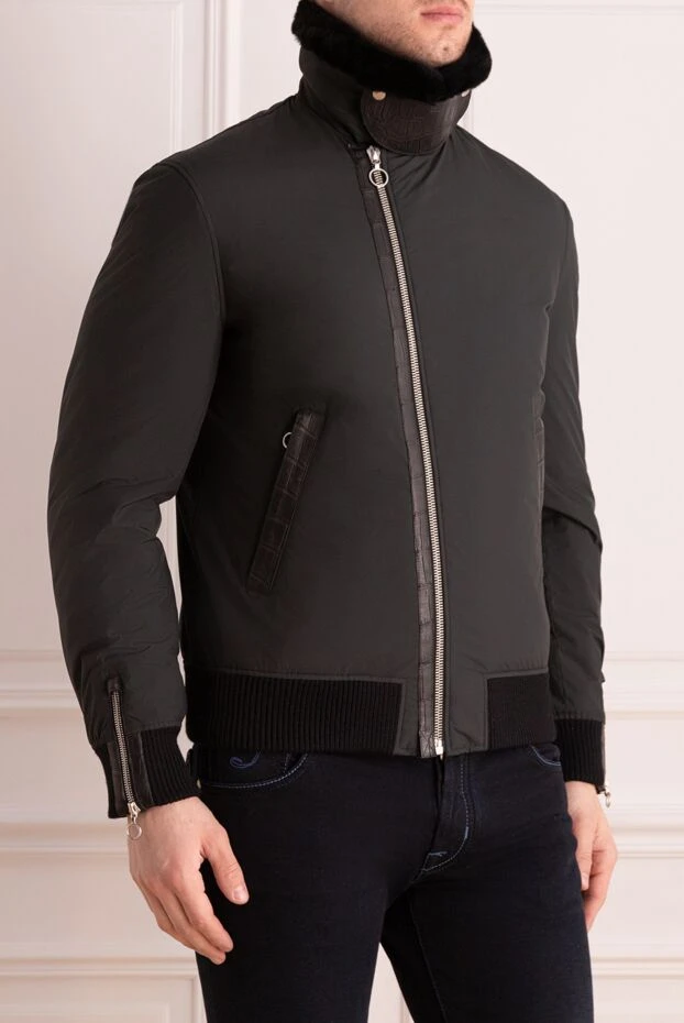 Seraphin men's blue aviator jacket with a fur collar and crocodile leather inserts 170723 - photo 3