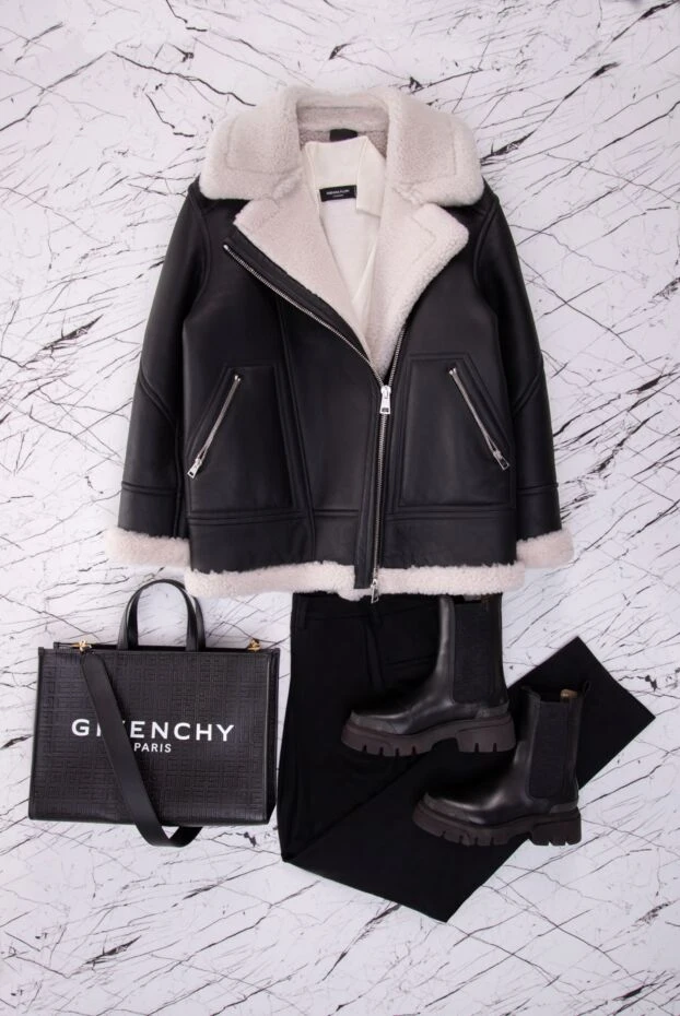 Blancha women's black leather sheepskin coat with fur in the style of a kerchief 170979 - photo 3