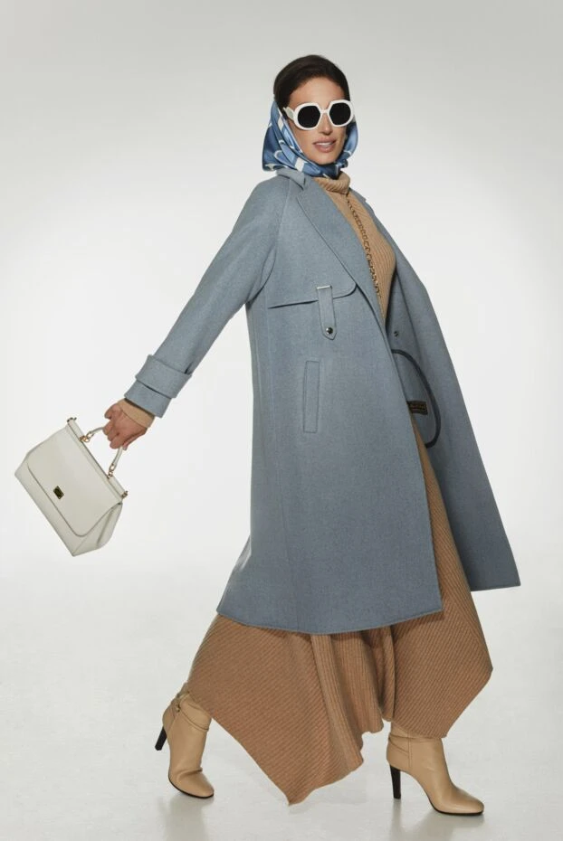 Пальто из кашемира и меха голубое женское пальто - фото 2